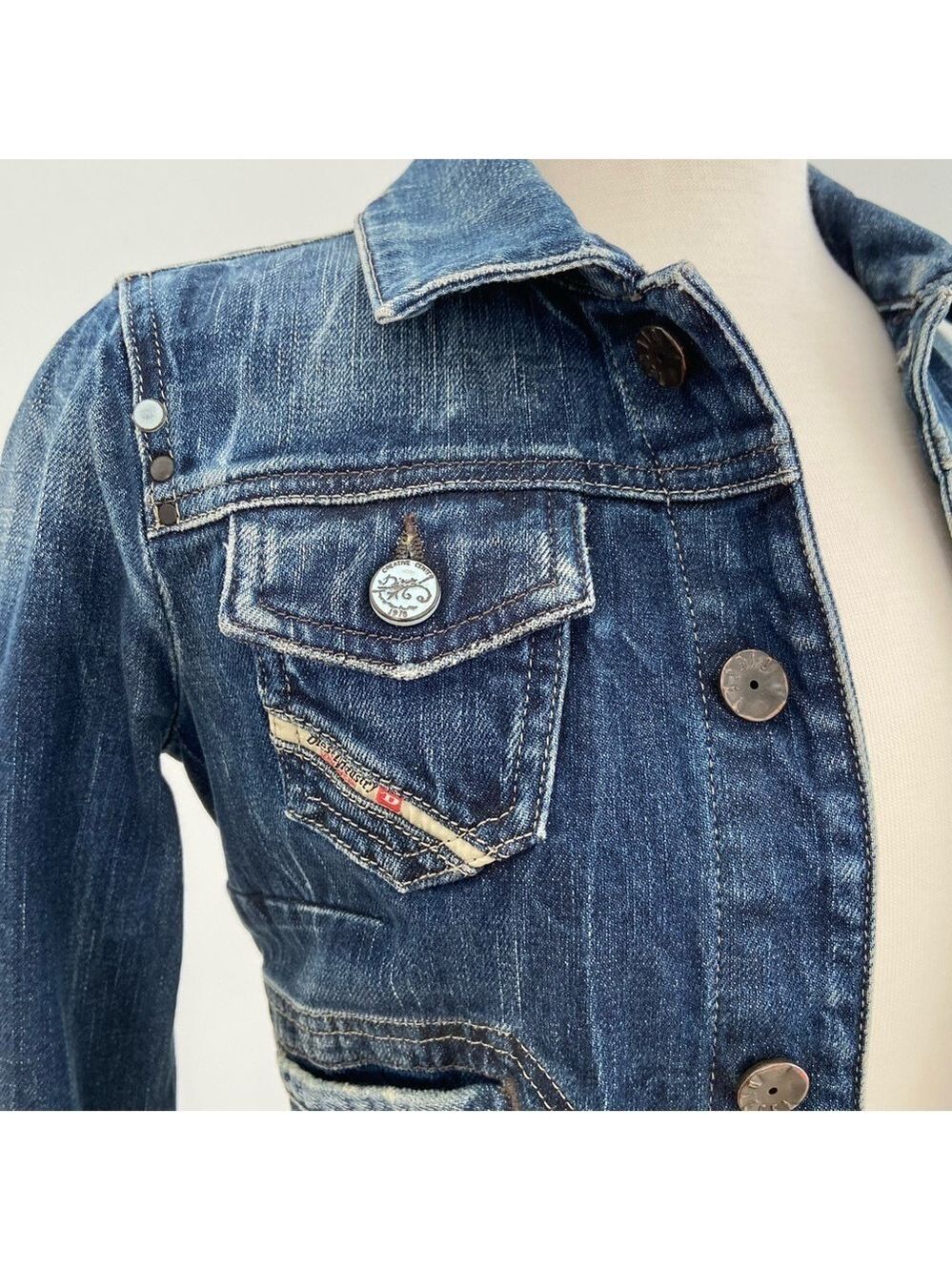 Diesel women jean trucker jacket crop pockets button up stretch blue denim XS